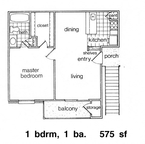 Floor plan for 1 bed, 1 bath, 575 sqft